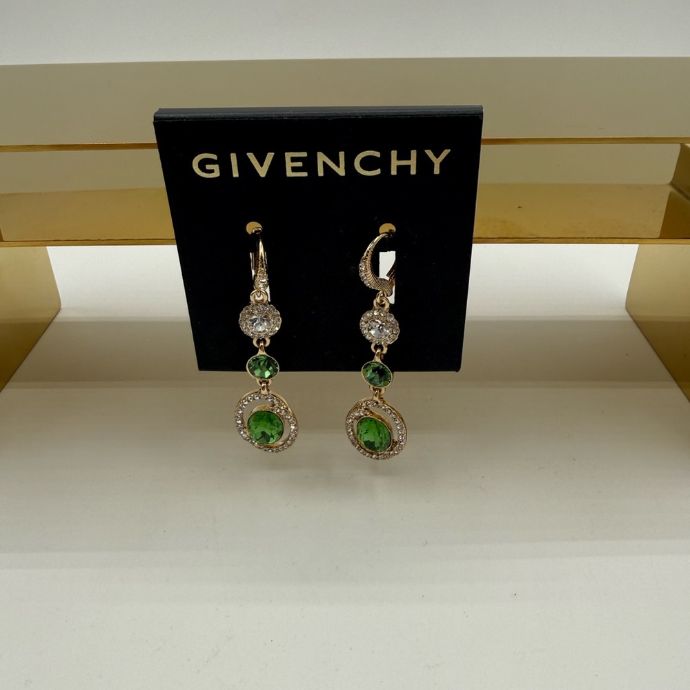 Givenchy Statement Drop Gold Tone With Green And Clear Crystals Earrings - Picture 15 of 15